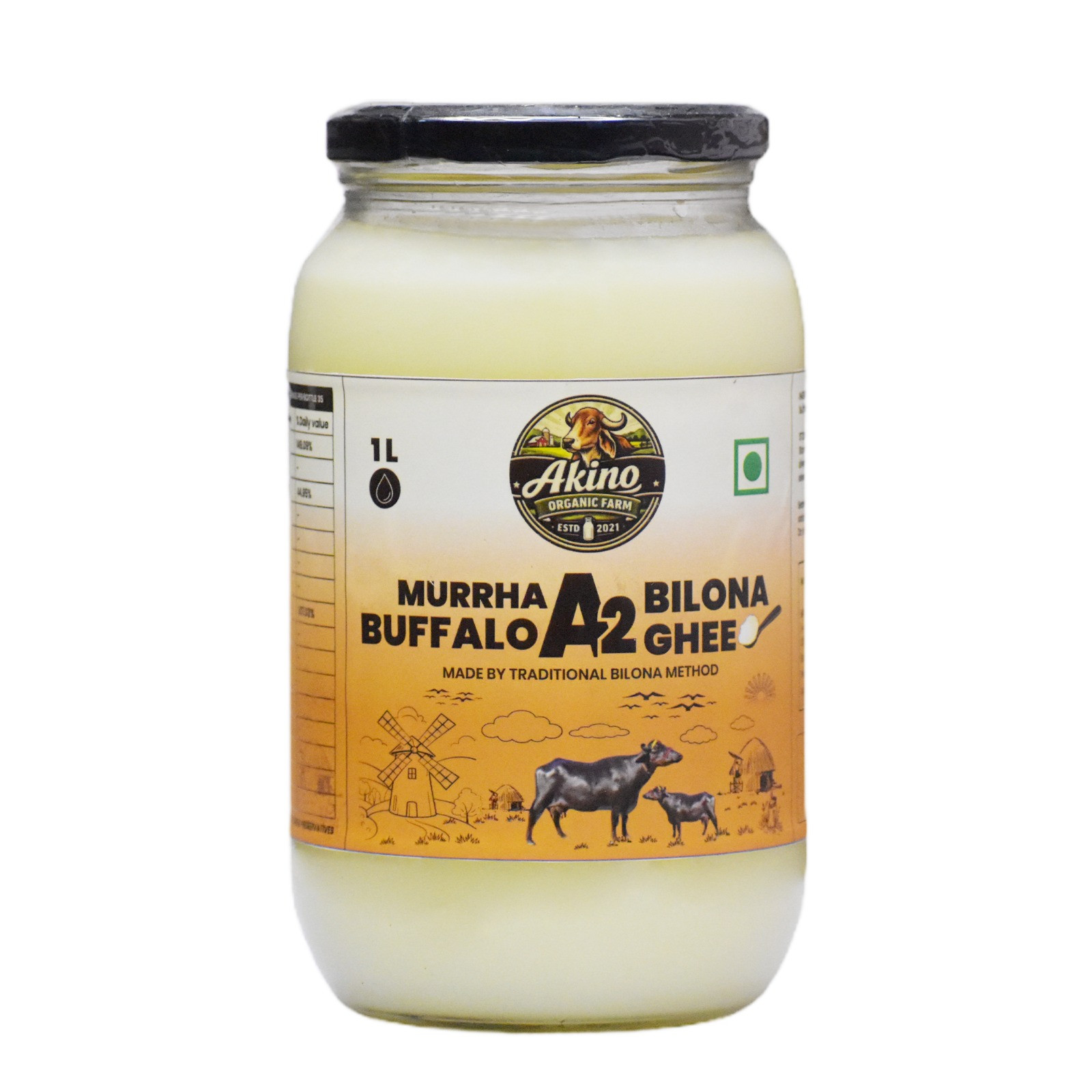 A2 Murrah Buffalo Ghee (1L) - Cultured Bilona Method Ghee, 100% Pure & Natural, Glass Jar, Traditional Curd-Churned Desi Ghee for Cooking & Keto Diet