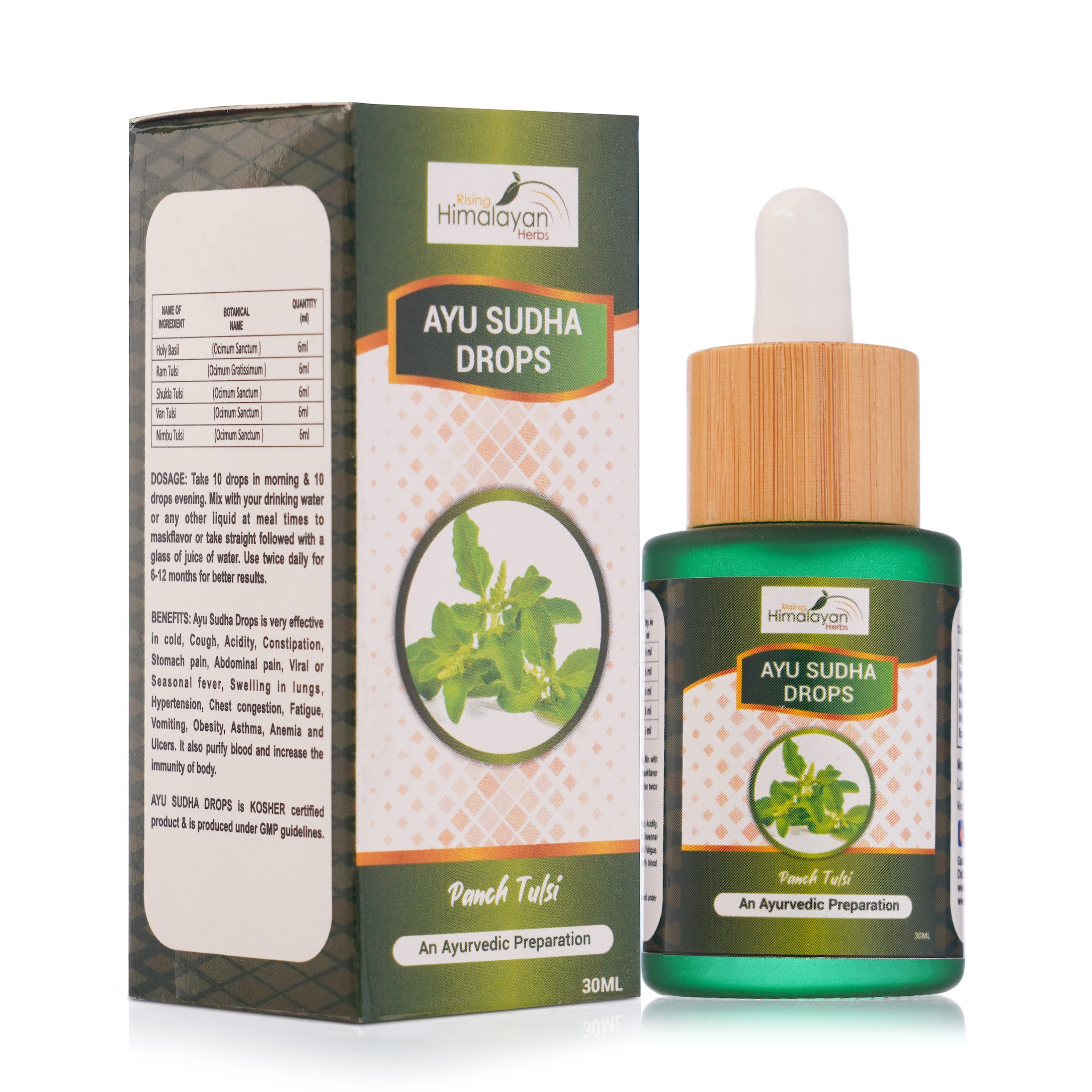 Aayu Sudha Drops | Rising Himalayan Herbs | Panch Tulsi Drop | 30 ML | Cold, Fever, Sour Throat, Consptipation, Antioxident, Anti - inflammatory | Boost Immunity
