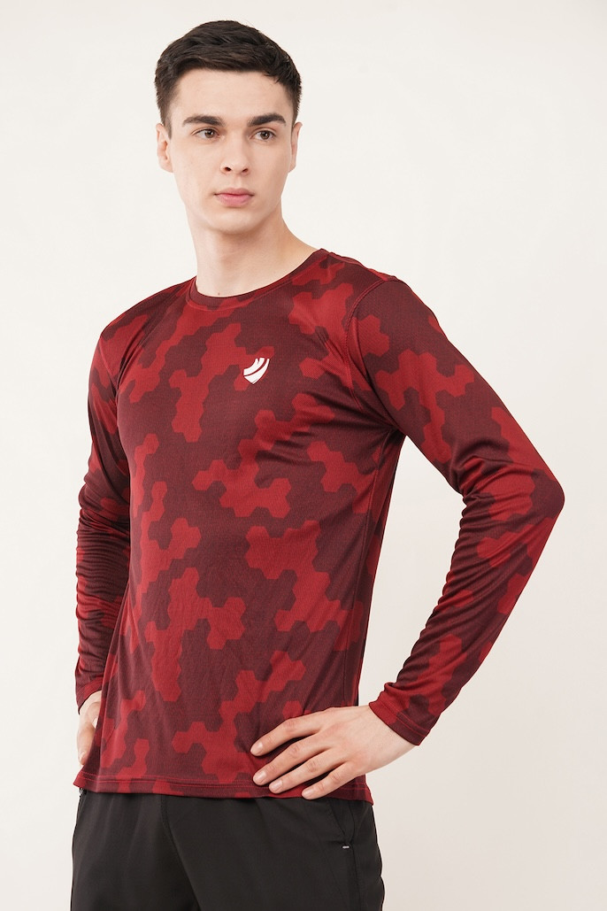 Men's Red Camouflage Full Sleeve Dry Fit Sports T-Shirt | Gym, Running & Training Activewear