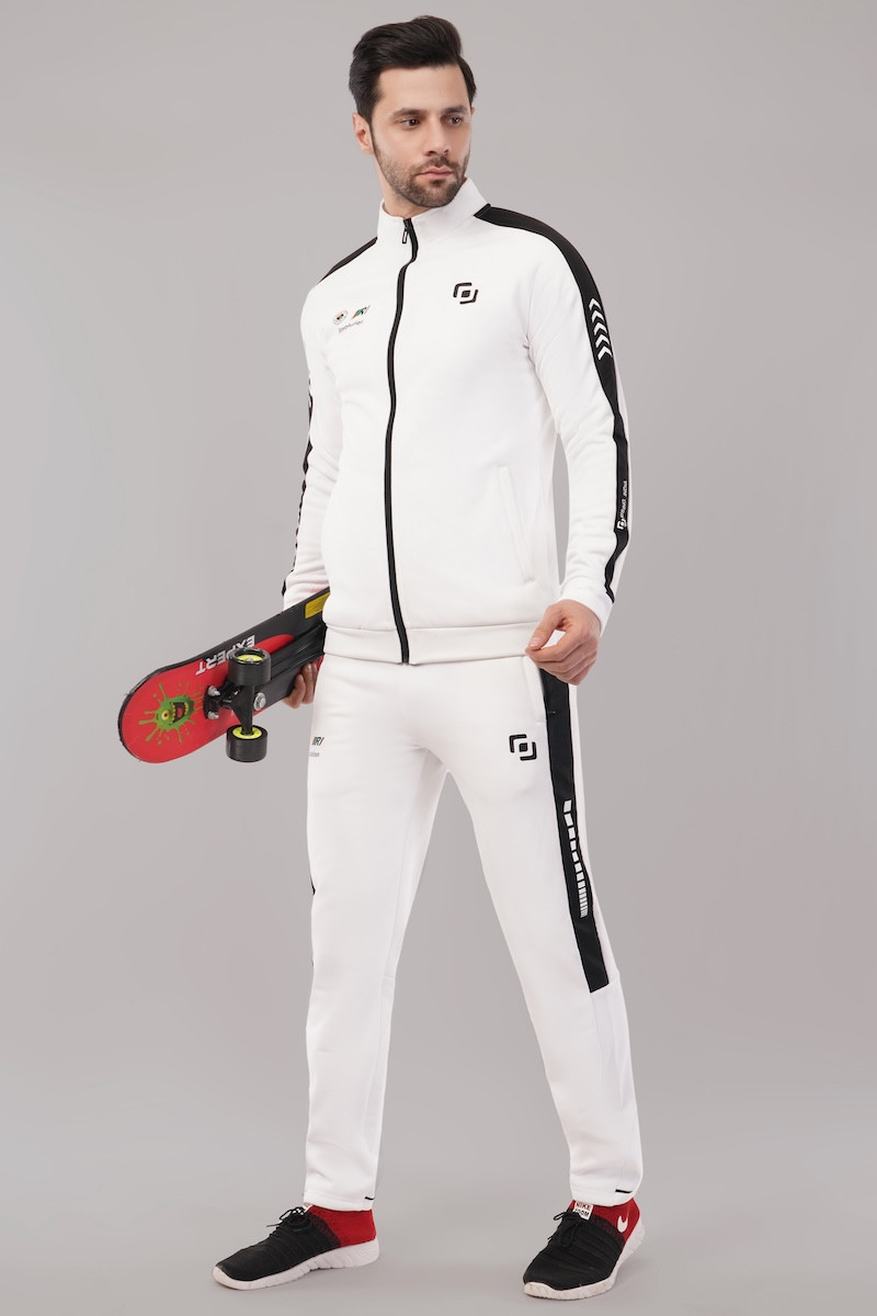 Flex Fit Men's Wear Track Suit with Swift Motion | Trenddy, Durable, With Zipper | Comfort | Regular Wear | Outdoor Wear | Sports Wear | Gym | Combo Men & Boy | White