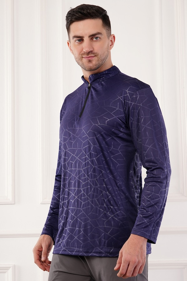 Men's Navy Blue Printed Quarter Zip Full Sleeve Dry Fit Sports T-Shirt | Gym, Running & Outdoor Activewear