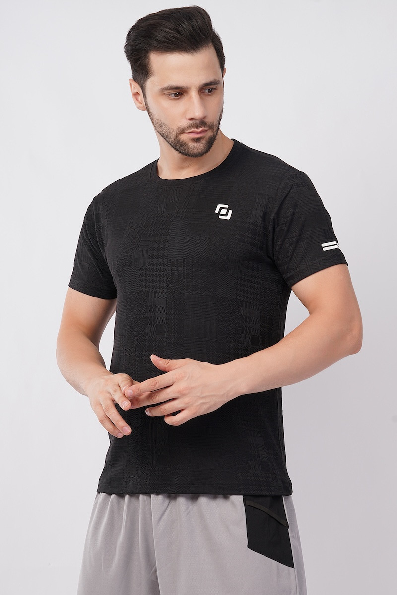 ASI Jaquard Lycra Fabric | Half Sleeve | Round Neck | T- Shirt | Super Streacable, Soft & Breathable | Both Men & Boys | Black