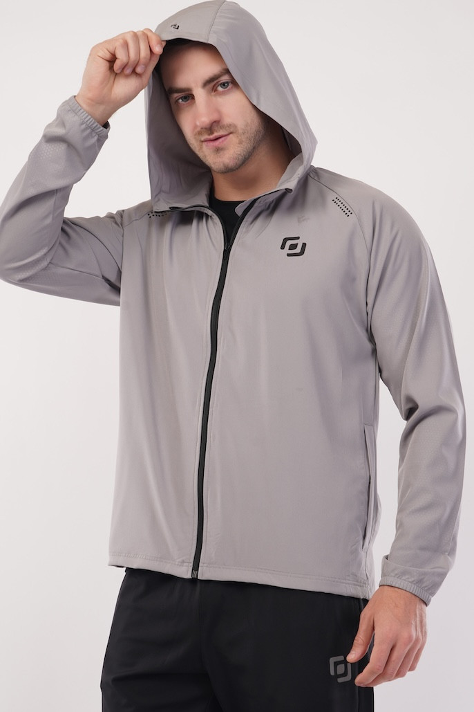 Run Fit AOP Woven Ultra Fit FLIK Cell Jacket | Upper with Hoodie | Advance Look | Combo for Men & Boy | Regular Fit | Sports, Gym, Running Jacket | Light Grey