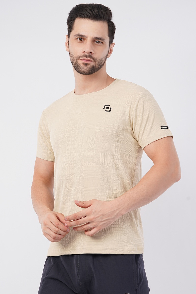 ASI Jaquard Lycra Fabric | Half Sleeve | Round Neck | T- Shirt | Super Streacable, Soft & Breathable | Both Men & Boys | Cream