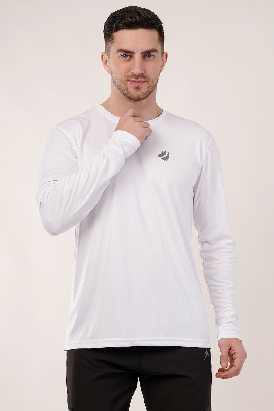 Men's White Performance Full Sleeve Crew Neck T-Shirt